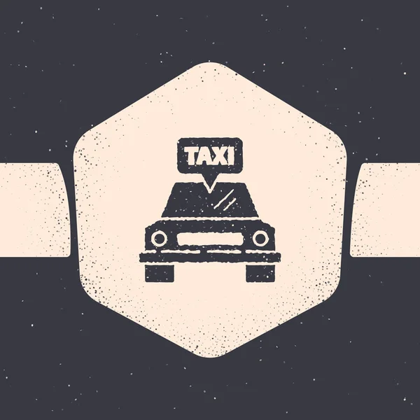 Grunge Taxi autó ikon elszigetelt szürke háttér. Monokróm vintage rajz. Vektorillusztráció — Stock Vector