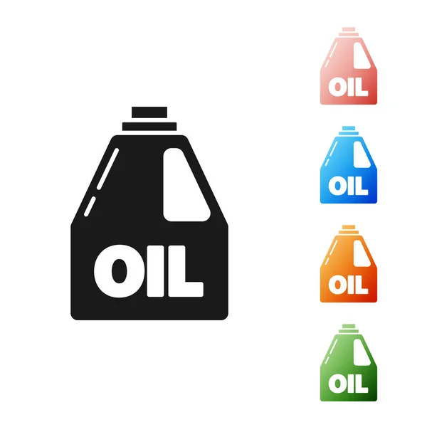 电机机油图标用黑色塑料罐 白色背景隔离 油加仑 更换机油服务和维修 设置彩色图标 病媒图解 — 图库矢量图片