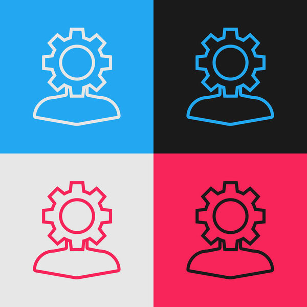 Color line Human with gear inside icon isolated on color background. Artificial intelligence. Thinking brain sign. Symbol work of brain. Vintage style drawing. Vector Illustration