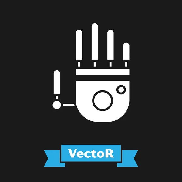 Weißes mechanisches Roboterhandsymbol isoliert auf schwarzem Hintergrund. Roboterarm-Symbol. technologisches Konzept. Vektorillustration — Stockvektor