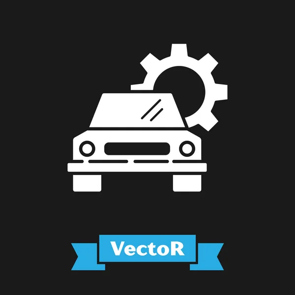 Icono de servicio de coche blanco aislado sobre fondo negro. Servicio mecánico automático. Servicio de reparación mecánico de automóviles. Signo de mantenimiento. Ilustración vectorial — Vector de stock