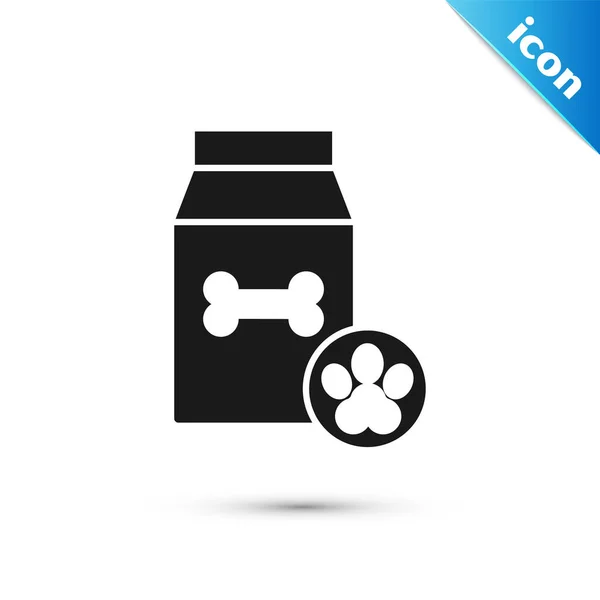 흰색 배경에 고립 된 애완 동물 아이콘을위한 음식의 검은 가방. 동물을위한 음식. 개 뼈 기호입니다. 애완 동물 사료 패키지. 벡터 일러스트레이션 — 스톡 벡터