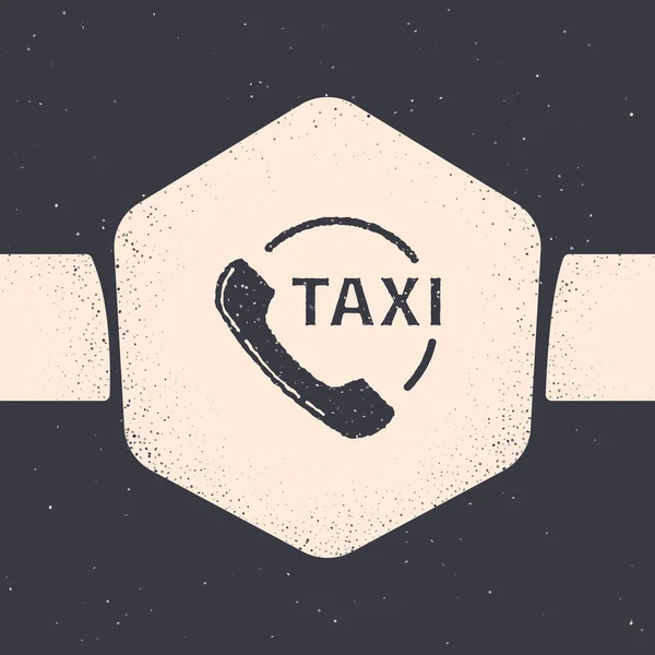 Grunge Taxi call telephone service icon isolated on grey background. Taxi for smartphone. Monochrome vintage drawing. Vector Illustration — Stock Vector