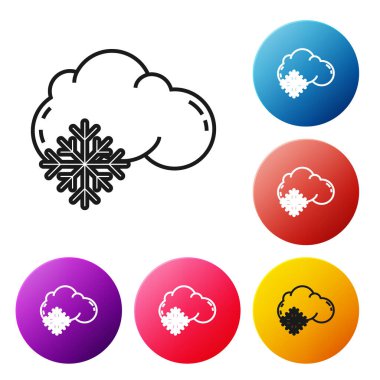 Beyaz zemin üzerinde kar ikonu olan siyah çizgi bulutu. Kar taneli bulut. Tek hava ikonu. Kar tabelası. Renkli daire düğmelerini ayarlayın. Vektör İllüstrasyonu