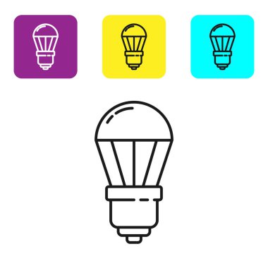 Beyaz arkaplanda siyah çizgi öncü ampul simgesi izole edildi. Ekonomik Liderlik Ampulü. Enerji lambasını sakla. Renkli kare düğmeleri ayarlayın. Vektör İllüstrasyonu