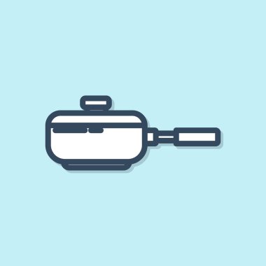 Mavi çizgi tava simgesi mavi arkaplanda izole edildi. Kızartma veya kızartma gıda sembolü. Vektör İllüstrasyonu