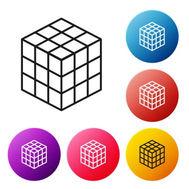 Beyaz arkaplanda siyah çizgi rubik küp simgesi izole edildi. Mekanik yapboz oyuncağı. Rubik 'in 3 boyutlu küp kombinasyon bulmacası. Renkli daire düğmelerini ayarlayın. Vektör İllüstrasyonu