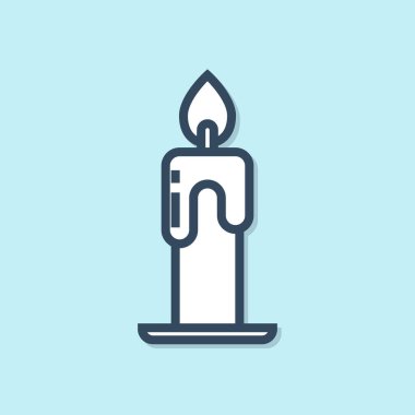Mavi çizgi yanan mum simgesi mavi arkaplanda izole edildi. Silindirik aromatik mum çubuğu ve yanan ateş. Mutlu Cadılar Bayramı Partisi. Vektör İllüstrasyonu