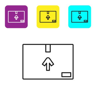 Beyaz zemin üzerinde trafik sembolü simgesi olan siyah çizgi karton kutu. Kutu, paket, paket işareti. Teslimat, ulaşım ve nakliye. Renkli kare düğmeleri ayarlayın. Vektör İllüstrasyonu