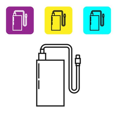 Beyaz arka planda farklı şarj kablosu simgesi olan siyah hat güç bankası. Taşınabilir şarj cihazı. Renkli kare düğmeleri ayarlayın. Vektör İllüstrasyonu