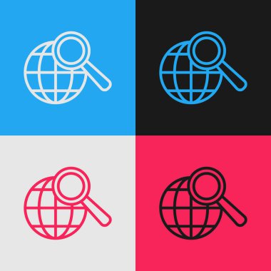 Renk arka planda izole küre simgesi ile renk hattı Büyüteç cam. Dünyayı analiz etmek. Genel arama işareti. Vintage tarzı çizim. Vektör İllüstrasyonu