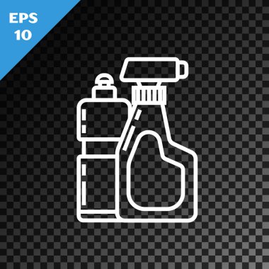 Beyaz çizgi plastik şişeler sıvı çamaşır deterjanı, çamaşır suyu, bulaşık deterjanı ya da şeffaf karanlık arka planda izole edilmiş başka bir temizlik maddesi. Vektör İllüstrasyonu