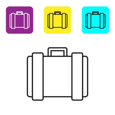 Beyaz arka planda izole edilmiş siyah çizgi askeri mühimmat kutusu ve mermi ikonu var. Renkli kare düğmeleri ayarlayın. Vektör İllüstrasyonu