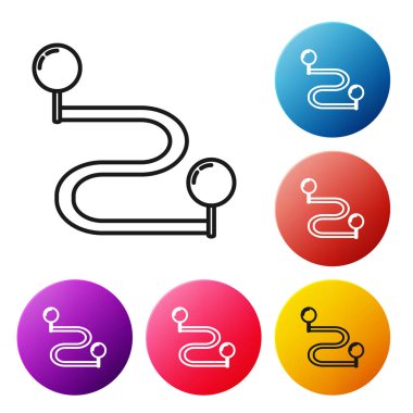 Beyaz arka planda yalıtılmış siyah çizgi Rota konum simgesi. Harita işaretçisi işareti. Yol veya yol kavramı. Gps navigasyon cihazı. Simgeleri renkli daire düğmeleri ayarlayın. Vektör İllüstrasyonu