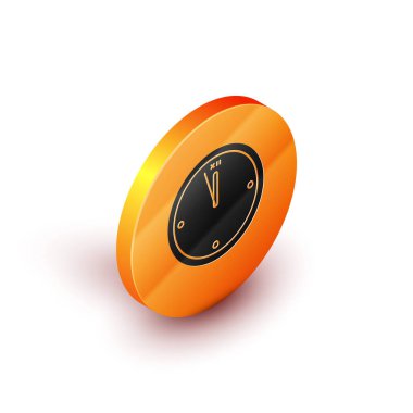 Isometric Saat simgesi beyaz arkaplanda izole edildi. Zaman sembolü. Mutlu Noeller ve mutlu yıllar. Turuncu daire düğmesi. Vektör İllüstrasyonu