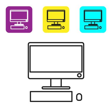 Klavye ve fare simgesine sahip siyah çizgi bilgisayar monitörü beyaz arkaplanda izole edildi. Bilgisayar bileşeni işareti. Renkli kare düğmeleri ayarlayın. Vektör İllüstrasyonu