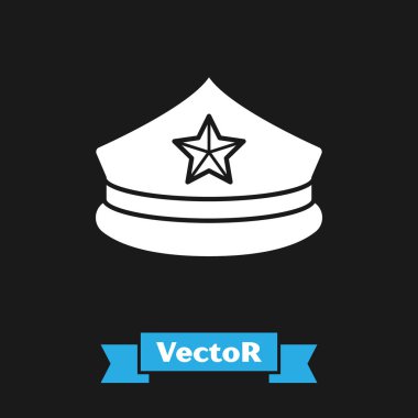 Siyah arka planda izole edilmiş papağan ikonlu beyaz polis şapkası. Polis şapkası işareti. Vektör İllüstrasyonu