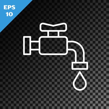 Beyaz çizgi su musluğu simgesi şeffaf koyu arkaplanda izole edildi. Vektör İllüstrasyonu