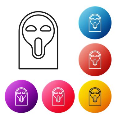 Beyaz arka planda izole edilmiş Cadılar Bayramı ikonu için siyah çizgi Komik ve korkutucu hayalet maskesi. Mutlu Cadılar Bayramı Partisi. Renkli daire düğmelerini ayarlayın. Vektör İllüstrasyonu