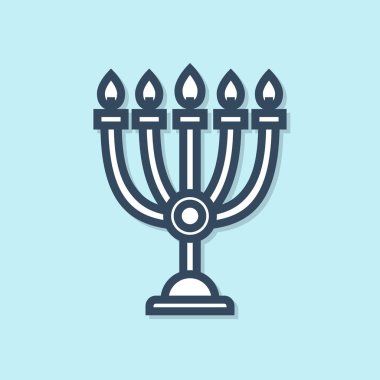 Mavi çizgi Hanuka menorah simgesi mavi arka planda izole edildi. Geleneksel Hanuka sembolü. Tatil dini, Yahudi Işık Festivali. Vektör İllüstrasyonu