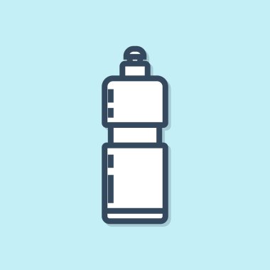 Mavi çizgi plastik şişe. Sıvı çamaşır deterjanı, çamaşır suyu, bulaşık deterjanı ya da mavi arka planda izole edilmiş başka bir temizlik maddesi. Vektör İllüstrasyonu