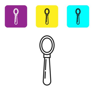 Siyah çizgi kaşık simgesi beyaz arkaplanda izole edildi. Mutfak aletleri. Çatal bıçak seti. Renkli kare düğmeleri ayarlayın. Vektör İllüstrasyonu