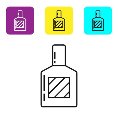 Beyaz arka planda siyah çizgi tıraş losyonu ikonu izole edildi. Parfüm spreyi ikonu. Erkek parfüm şişesi. Renkli kare düğmeleri ayarlayın. Vektör İllüstrasyonu