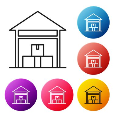 Beyaz arka planda siyah çizgi Depo simgesi izole edildi. Renkli daire düğmelerini ayarlayın. Vektör İllüstrasyonu