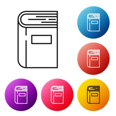 Siyah çizgi kitap simgesi beyaz arkaplanda izole edildi. Renkli daire düğmelerini ayarlayın. Vektör İllüstrasyonu