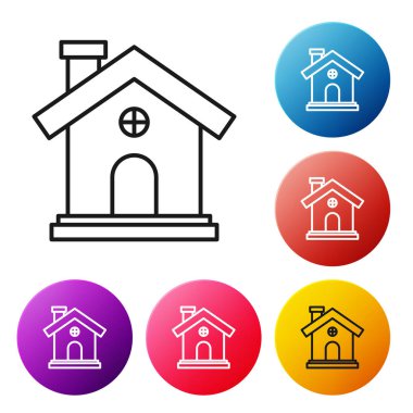 Beyaz arka planda siyah çizgi ev simgesi izole edildi. Ev sembolü. Renkli daire düğmelerini ayarlayın. Vektör İllüstrasyonu