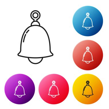 Siyah çizgi zil simgesi beyaz arkaplanda izole edildi. Alarm sembolü, servis zili, el zili işareti, uyarı sembolü. Renkli daire düğmelerini ayarlayın. Vektör İllüstrasyonu