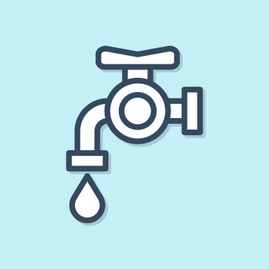 Mavi hat su musluğu simgesi mavi arkaplanda izole edildi. Vektör İllüstrasyonu