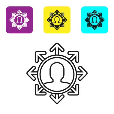 Beyaz arkaplanda siyah çizgi proje taban simgesi izole edildi. İş analizi ve planlama, danışmanlık, takım çalışması, proje yönetimi. Renkli kare düğmeleri ayarlayın. Vektör İllüstrasyonu