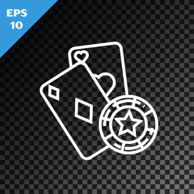 Beyaz çizgi kumarhane çipi ve iskambil kartı simgesi şeffaf karanlık arka planda izole edilmiş. Kumarhane pokeri. Vektör İllüstrasyonu