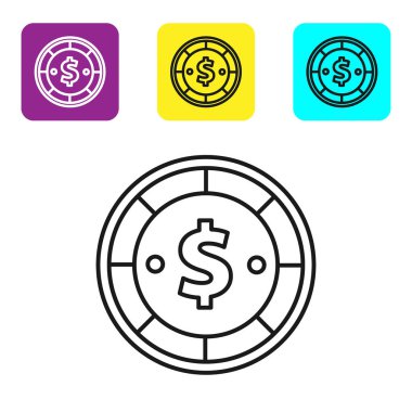 Beyaz arka planda dolar sembolü olan siyah çizgi kumarhane çipi. Kumarhane kumarı. Renkli kare düğmeleri ayarlayın. Vektör İllüstrasyonu