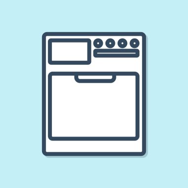 Mavi çizgi yıkama simgesi mavi arkaplanda izole edildi. Çamaşır makinesi simgesi. Çamaşır makinesi, çamaşır makinesi. Ev aletleri sembolü. Vektör İllüstrasyonu