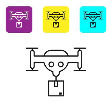 Beyaz arkaplanda paket simgesi izole edilmiş siyah çizgi teslimat dronu. Drone karton kutu teslim ediyor. Renkli kare düğmeleri ayarlayın. Vektör İllüstrasyonu