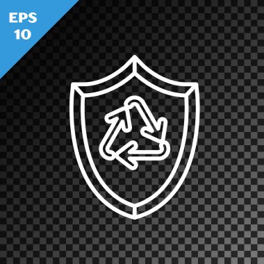 Beyaz çizgi geri dönüşüm sembolü, şeffaf koyu arkaplanda izole edilmiş bir kalkan simgesi. Çevre koruma işareti. Vektör İllüstrasyonu