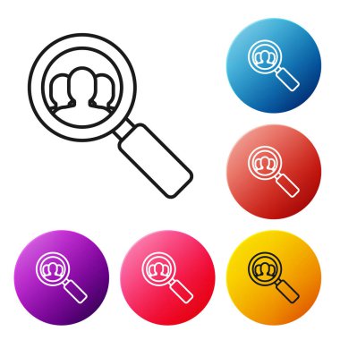 Beyaz arka planda bir insan simgesini aramak için siyah çizgi büyüteç. İşe alım ya da seçim konsepti. Çalışanları ve işi ara. Renkli daire düğmelerini ayarlayın. Vektör İllüstrasyonu