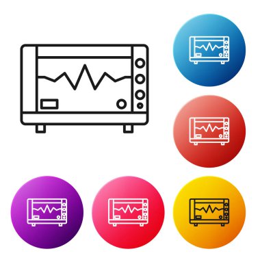 Beyaz zemin üzerinde kardiyogram simgesi olan siyah çizgi bilgisayar monitörü. Simge denetleniyor. Kalp atışı elle çizilmiş EKG monitörü. Renkli daire düğmelerini ayarlayın. Vektör İllüstrasyonu