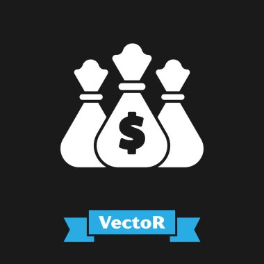 Beyaz Para çanta simgesi siyah arka plan üzerinde izole. Dolar veya Usd sembolü. Nakit Bankacılık para birimi işareti. Vektör İllüstrasyonu