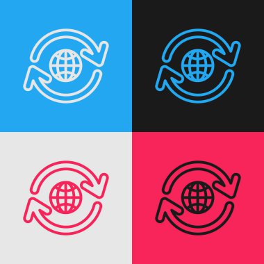 Dünya gezegeninin renk çizgisi ve renk arkaplanında izole edilmiş bir geri dönüşüm simgesi. Çevresel konsept. Klasik tarzda çizim. Vektör İllüstrasyonu