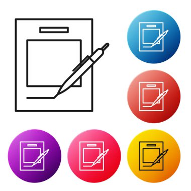 Siyah çizgi Boş dizüstü bilgisayar ve kalem simgesi beyaz arka planda yalıtılmış. Kağıt ve kalem. Simgeleri renkli daire düğmeleri ayarlayın. Vektör İllüstrasyonu