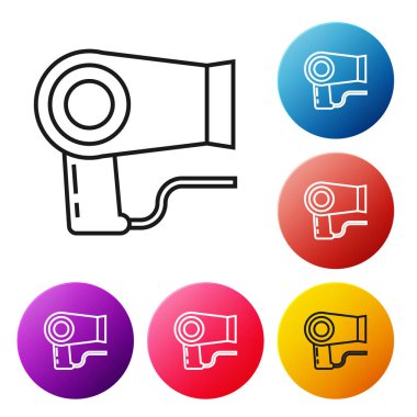 Siyah çizgi saç kurutma ikonu beyaz arkaplanda izole edildi. Saç kurutma makinesi tabelası. Saç kurutma sembolü. Sıcak hava üflüyor. Renkli daire düğmelerini ayarlayın. Vektör İllüstrasyonu