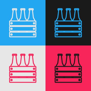 Renk arkaplanında izole edilmiş renkli bira şişeleri paketi simgesi. Tahta kutu ve bira şişeleri. Kutu bira kutusu tabelası. Klasik tarzda çizim. Vektör İllüstrasyonu