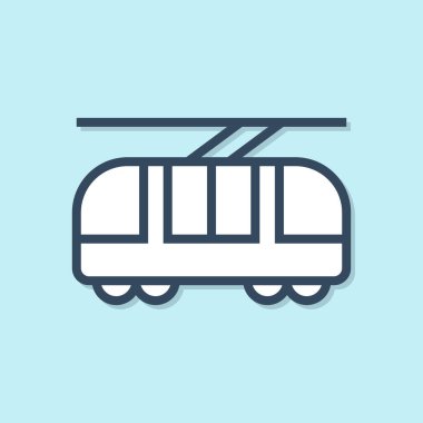 Mavi hat tramvay ve tren yolu ikonu mavi arka planda izole edildi. Toplu taşıma sembolü. Vektör İllüstrasyonu