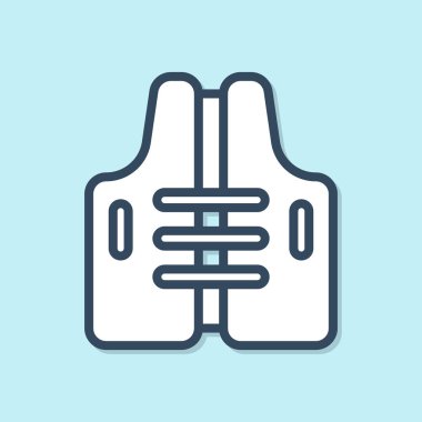 Mavi çizgili Life ceket ikonu mavi arkaplanda izole edildi. Can yeleği ikonu. Olağanüstü bir spor. Spor malzemeleri. Vektör İllüstrasyonu