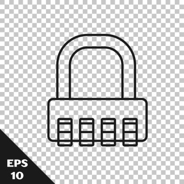 Siyah çizgi şifreli kilit simgesi şeffaf arkaplanda izole edildi. Kombinasyon asma kilit. Güvenlik, güvenlik, koruma, şifre, gizlilik. Vektör İllüstrasyonu