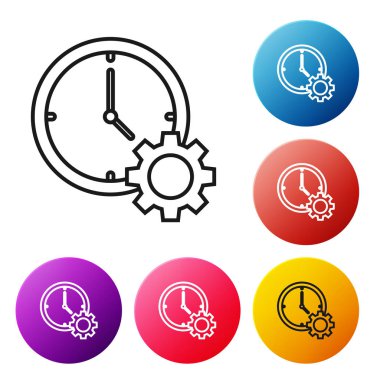Siyah çizgi Zaman Yönetimi simgesi beyaz arka planda yalıtılmış. Saat ve dişli işareti. Verimlilik sembolü. Simgeleri renkli daire düğmeleri ayarlayın. Vektör İllüstrasyonu