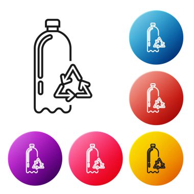 Siyah çizgi geri dönüşüm plastik şişe simgesi beyaz arka planda izole. Renkli daire düğmelerini ayarlayın. Vektör İllüstrasyonu